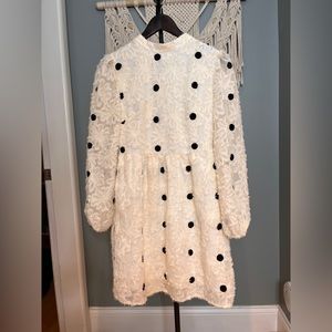 White polka dots textured mini dress with lace sheer sleeves